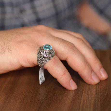 925 Sterling Silver Aquamarine Openwork Leaf Statement Ring
