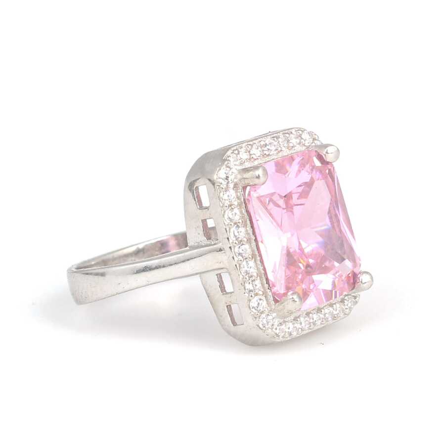 925 Sterling Silver Rectangular Pink Quartz & Zircon Entourage Ring