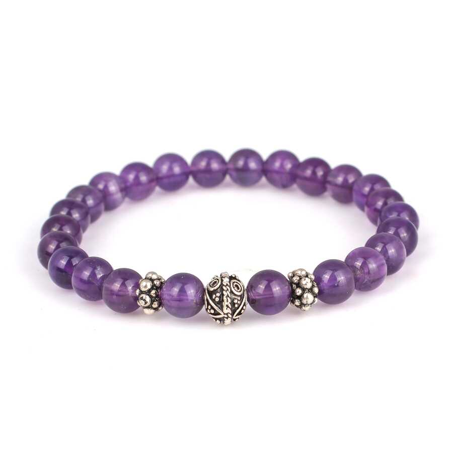 925 Sterling Silver Amethyst Beaded Men's Bracelet - Flexible Elastic Fit