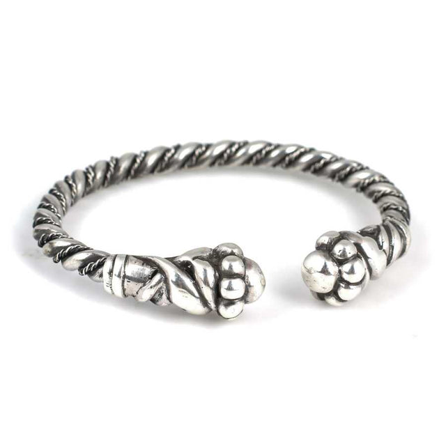 Sterling Silver Leaf & Ball Design Twisted Open Cuff Bracelet