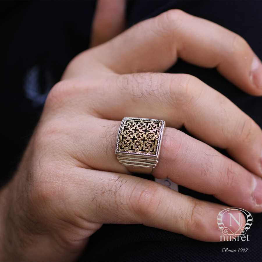 925 Sterling Silver & Bronze Blend Ring - Square Byzantine Authentic Design
