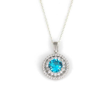 925 Sterling Silver Double Row Halo Aquamarine Zircon Necklace