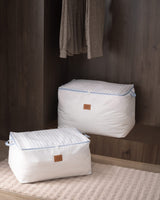 2-Piece Printed Fabric Storage Bags - Home Organizer Set, White & Light Blue