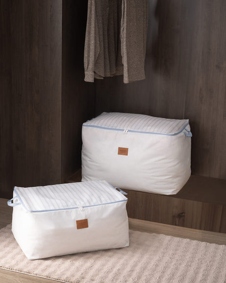 2-Piece Printed Fabric Storage Bags - Home Organizer Set, White & Light Blue