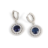 Sterling Silver Double Row Halo Sapphire Color Zircon Drop Earrings