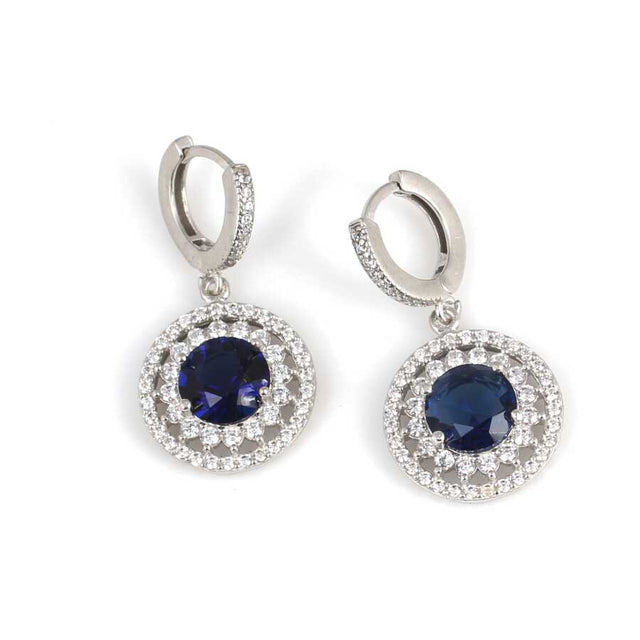 Sterling Silver Double Row Halo Sapphire Color Zircon Drop Earrings