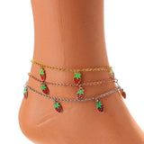 925 Sterling Silver Enamel Strawberry Charm Anklet - Summer Style