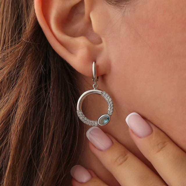 Sterling Silver Aquamarine & Zircon Round Stone Earrings