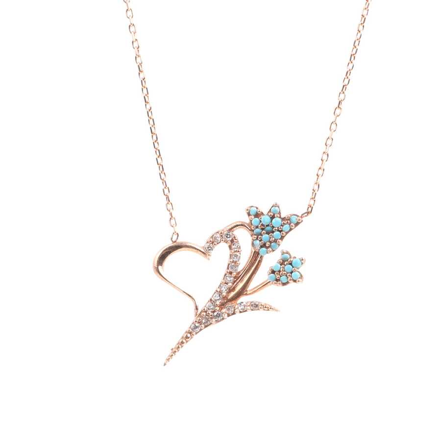 Sterling Silver Turquoise & Zircon Heart & Tulip Pendant Necklace