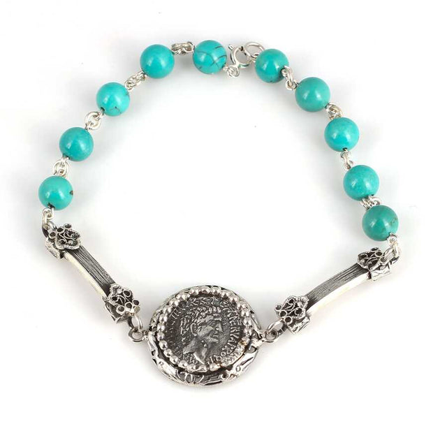 Premium 925 Sterling Silver Turquoise Greek Coin Bracelet