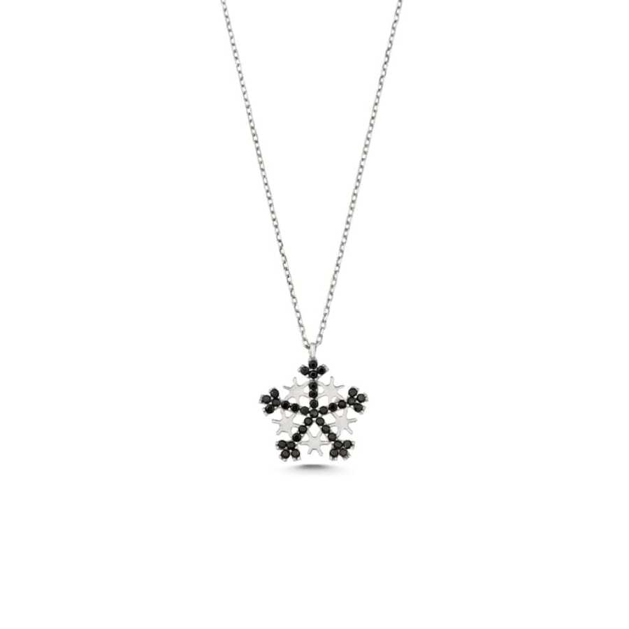 Premium 925 Sterling Silver Snowflake Necklace Black Stone