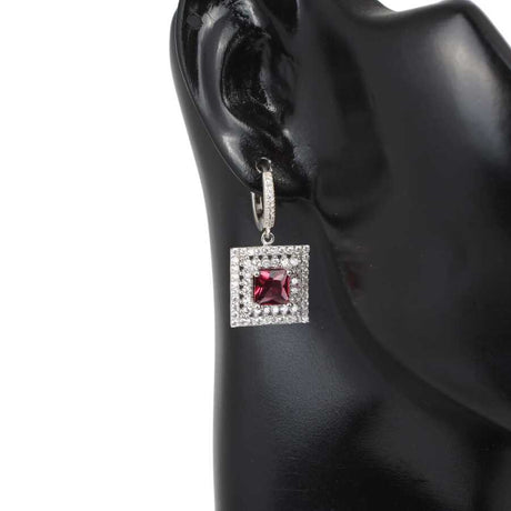 925 Sterling Silver Double Halo Square Ruby Zircon Earrings