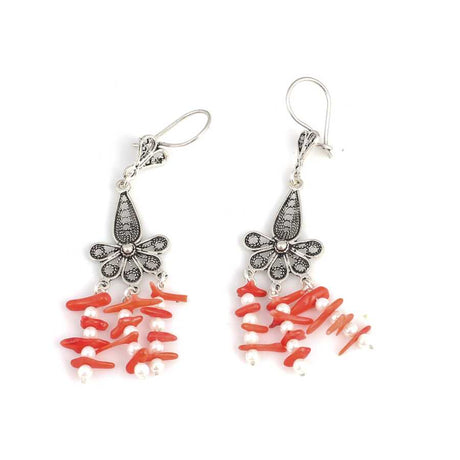 Handcrafted 925 Sterling Silver Filigree Drop Earrings with Coral & Pearl