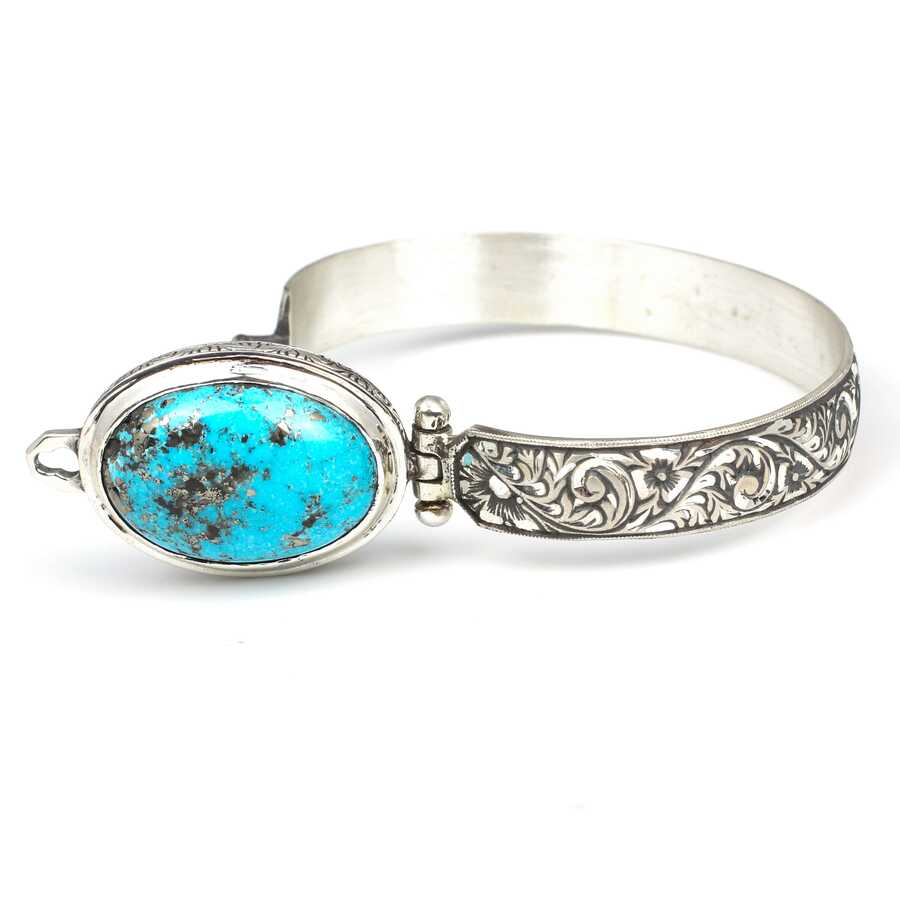 Sterling Silver Turquoise Unisex Bracelet with Hand-Engraved Design