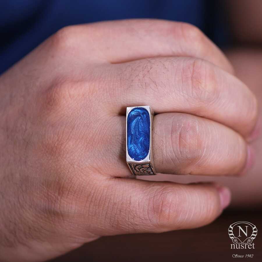 Premium 925 Sterling Silver Blue Enamel Men's Ring