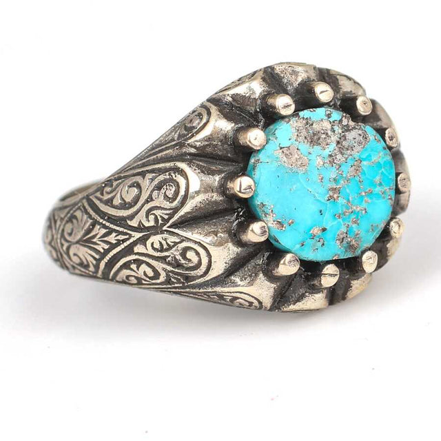 925 Sterling Silver Men's Ring - Hand-Detailed Turquoise Stone