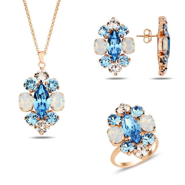 Rose Gold Plated Sterling Silver Set - Aquamarine-Hued Swarovski Elegance