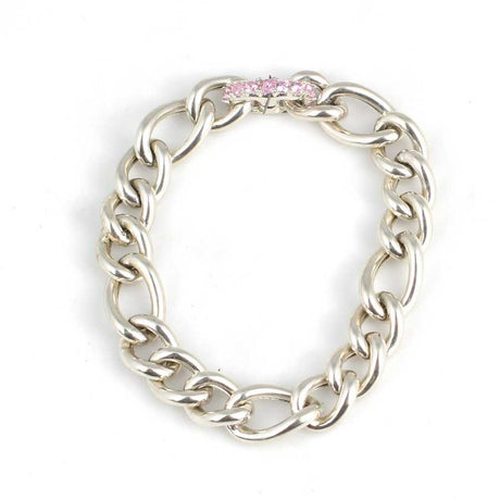 Sterling Silver Hollow Figaro Chain Bracelet - Pink Zircon Accents