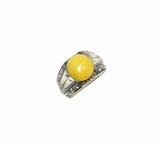 Sterling Silver Men's Ring with Round Amber Stone & Hand-Engraved Band