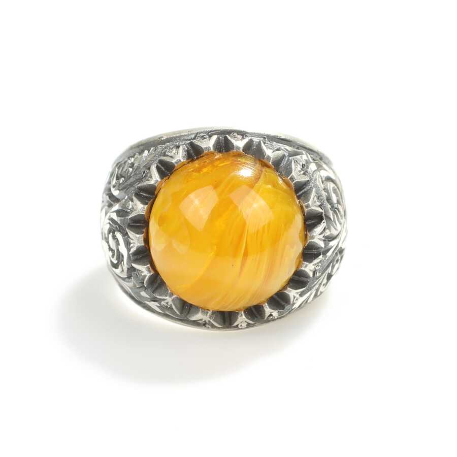 Sterling Silver Men's Ring - Round Pressed Amber & Hand-Engraved