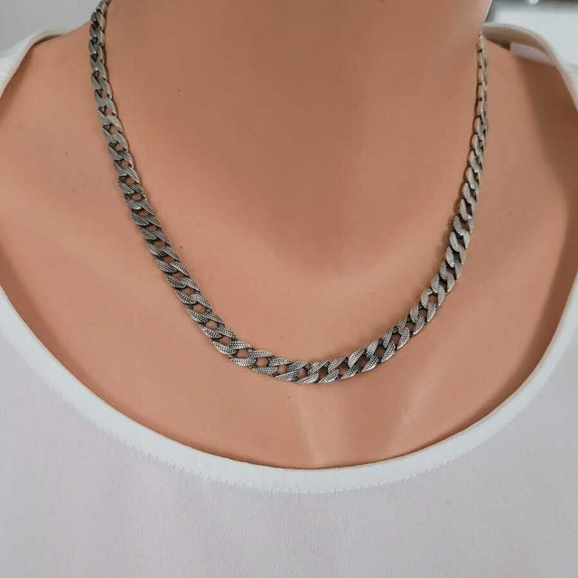 925 Sterling Silver Patterned Oxidized Gourmet Chain Necklace