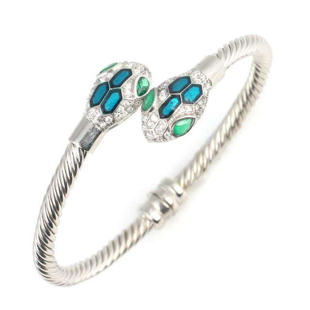 Premium Sterling Silver Green Stone Snake Head Twist Men's Bracelet