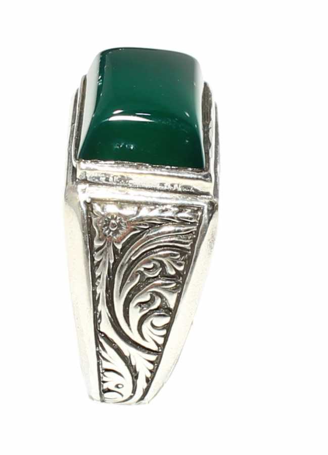 925 Sterling Silver Men's Ring - Green Agate Patterned Design