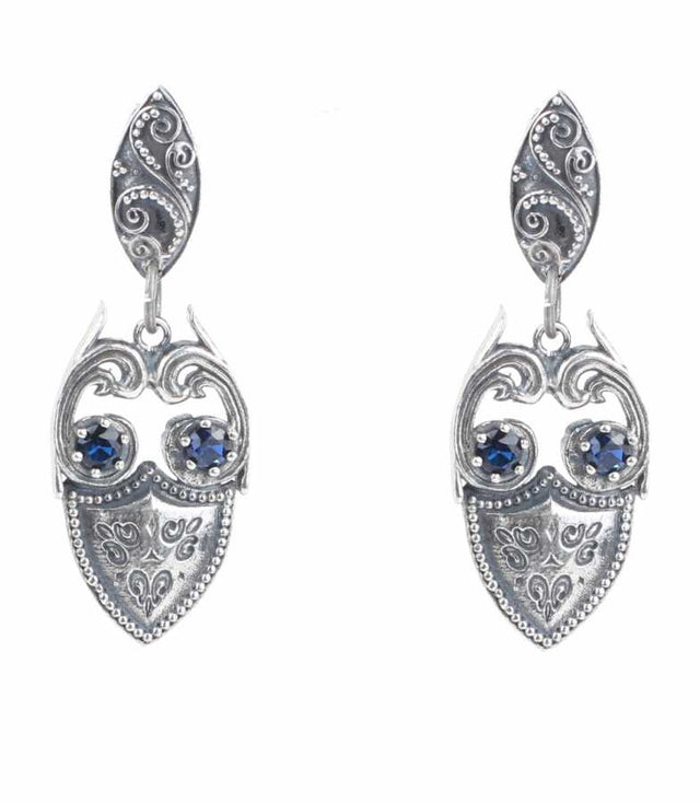 925 Sterling Silver Blue Zircon Earrings - Byzantine Shield