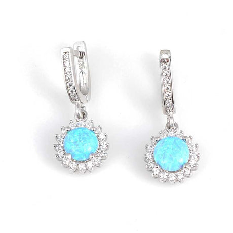 Sterling Silver Round Blue Opal Halo Dangle Earrings