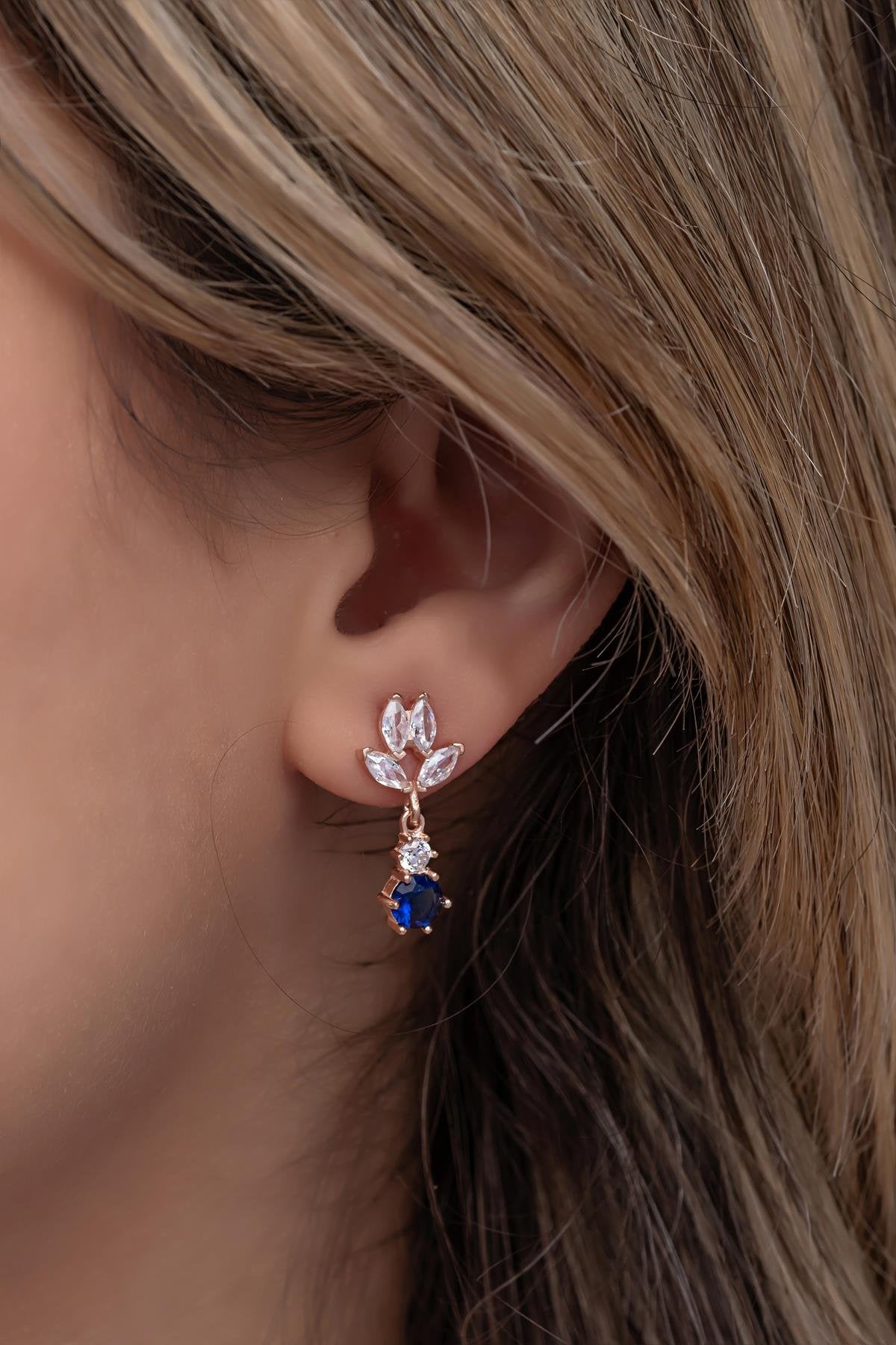 Nereze | Shuttle Zirconia Stone with Dangling Blue Solitaire Earrings