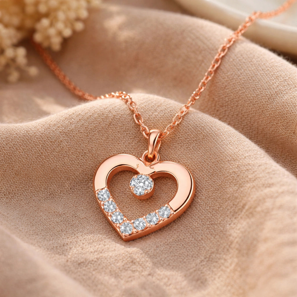 Necklace - Rose Gold Tone Dainty Heart & Solitaire Pendant