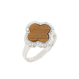 925 Sterling Silver Clover Ring with Tiger Eye & Zircon Stones