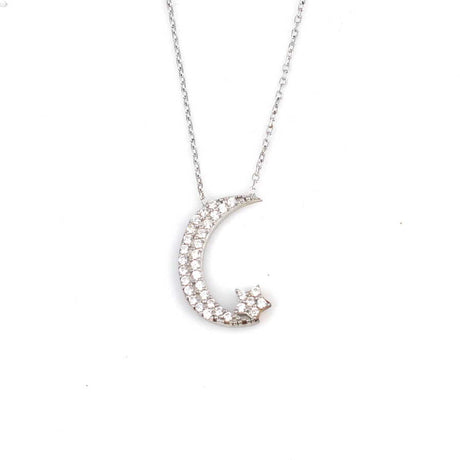 925 Sterling Silver Moon & Star Zircon Pendant Necklace