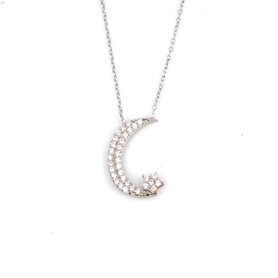 925 Sterling Silver Moon & Star Zircon Pendant Necklace