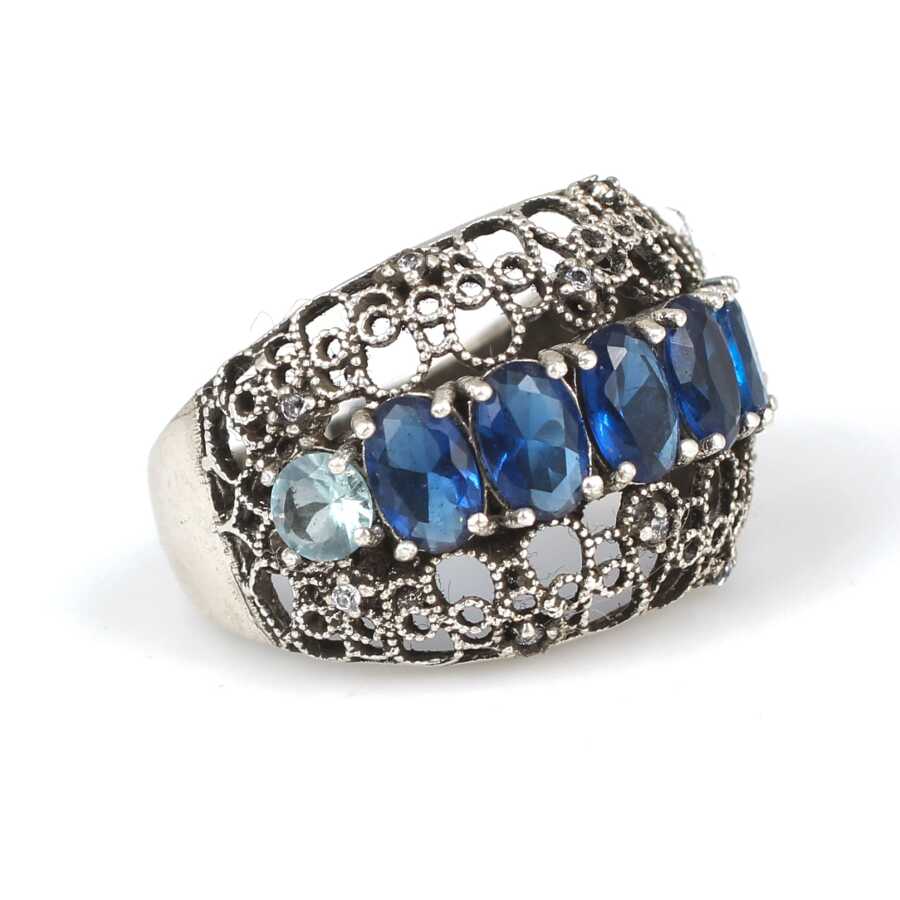 925 Sterling Silver Filigree Ring - Blue & White Zircon