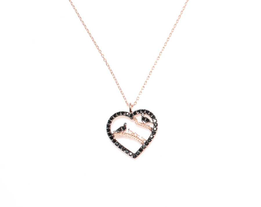 925 Sterling Silver Heart & Bird Necklace with Black Zircon Frame