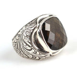 Anillo de Plata de Ley para Hombre - Piedra de Cuarzo Ahumado Grabada a Mano