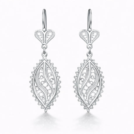 Sterling Silver Filigree Leaf Dangle Earrings - Elegant Heart Design
