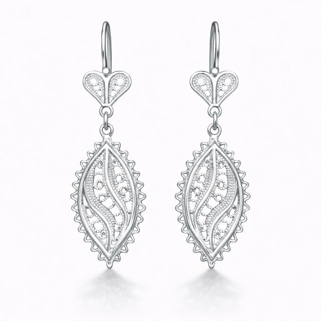 Sterling Silver Filigree Leaf Dangle Earrings - Elegant Heart Design