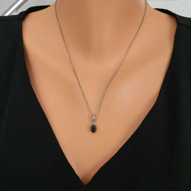 Sterling Silver Small Oval Black Onyx Pendant Necklace - Timeless Elegance