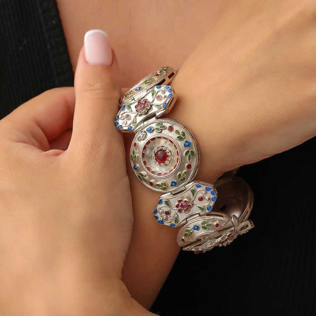 Premium Enameled Round Patterned Sterling Silver Bracelet