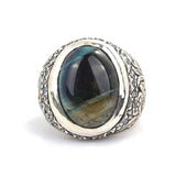 925 Sterling Silver Obsidian Men's Ring - Hand-Engraved Design