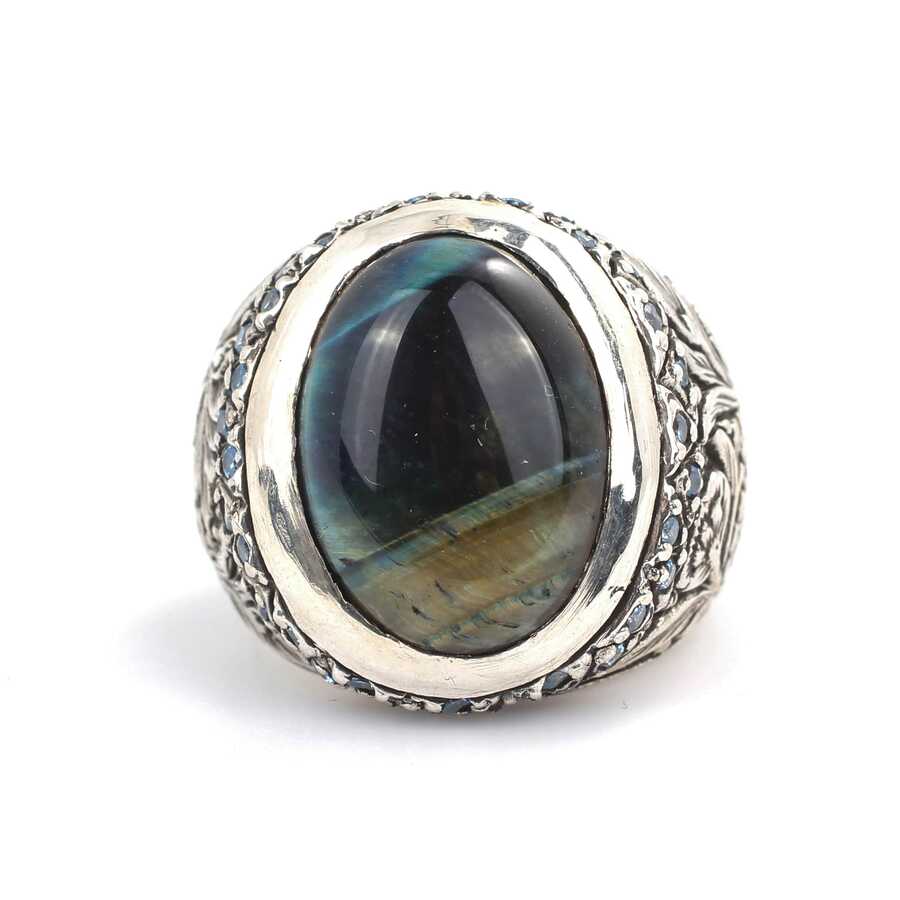 925 Sterling Silver Obsidian Men's Ring - Hand-Engraved Design