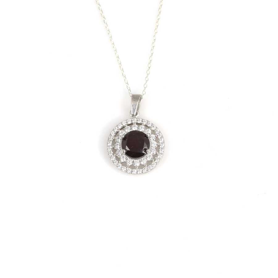 Sterling Silver Double Halo Garnet & Zircon Pendant Necklace