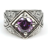 925 Sterling Silver Amethyst Men's Ring - Handcrafted Cross Design