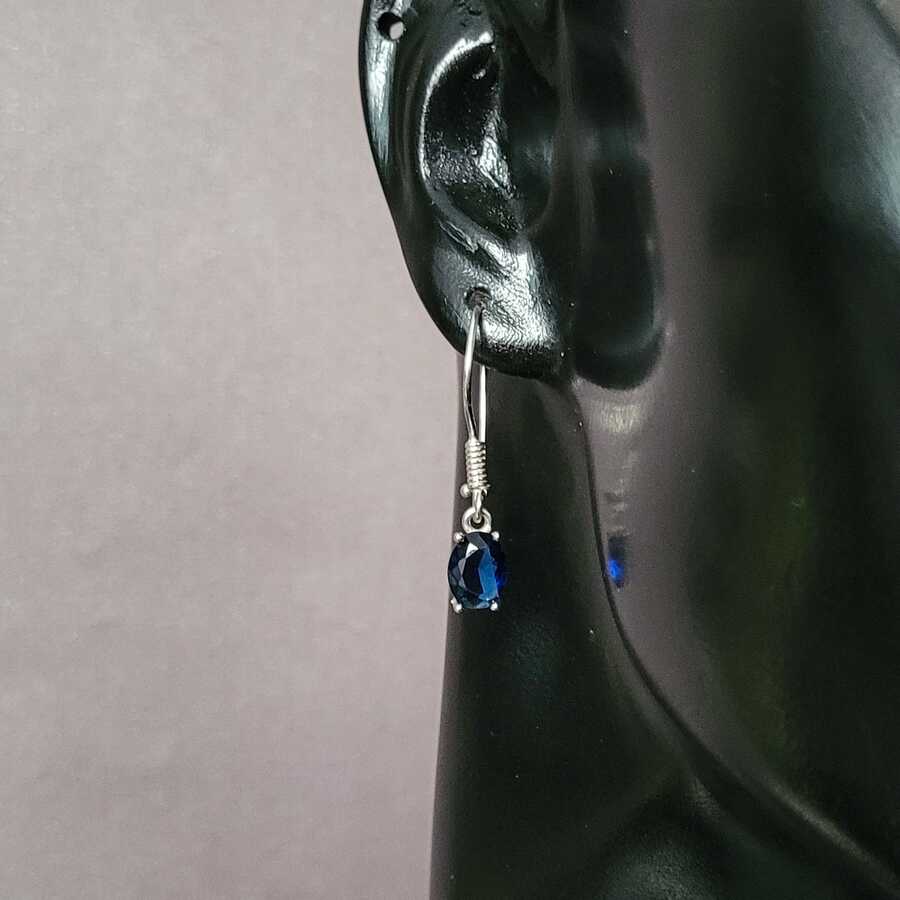925 Sterling Silver Oval Synthetic Sapphire Dangle Earrings