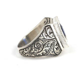 Premium 925 Sterling Silver Hand Engraved Men's Ring with Navy Stone
