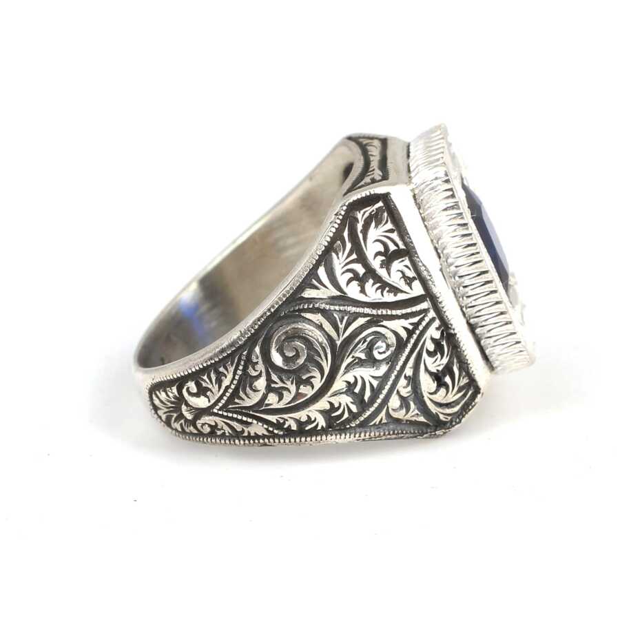 Premium 925 Sterling Silver Hand Engraved Men's Ring with Navy Stone