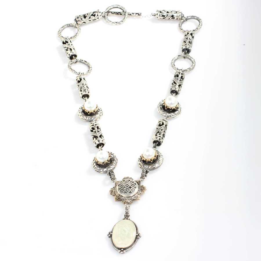 Sterling Silver Enamel Pearl Byzantine Necklace - Constantin Design