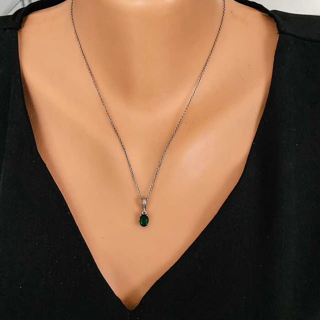 Classic Sterling Silver Oval Synthetic Emerald Pendant Necklace